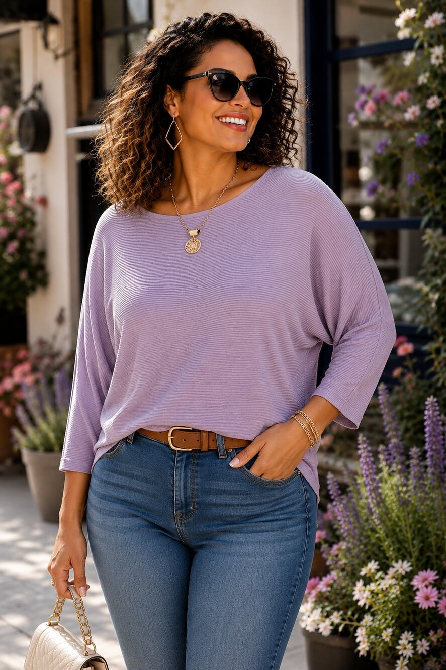TheMogan Boutique Dolman Sleeve Ribbed Top Lilac / Lavender 3X